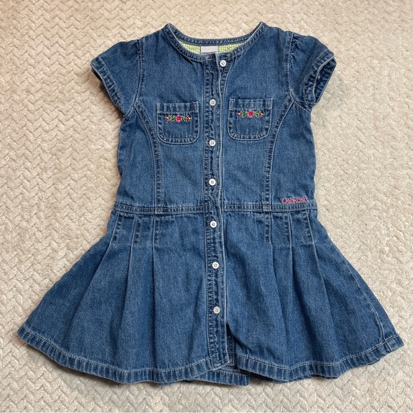 OshKosh B'gosh Other - Vintage‎ Y2K OshKosh Toddler Denim Floral Embroidered Pleated Dress Size 3T